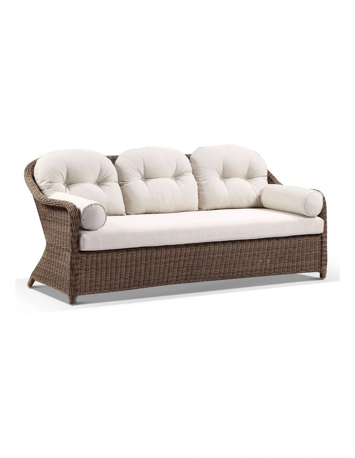 Plantation Outdoor Wicker 3 Seater Rattan Lounge Brushed Wheat & Cream Cushions image 1