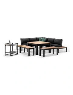 Nova Aluminium Lounge and Dining Setting Charcoal With Cart & Denim Grey Cushions