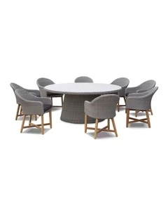 Plantation 8 Seater Table Brushed Grey With Coastal Outdoor Wicker Dining Chairs & Denim Cushions