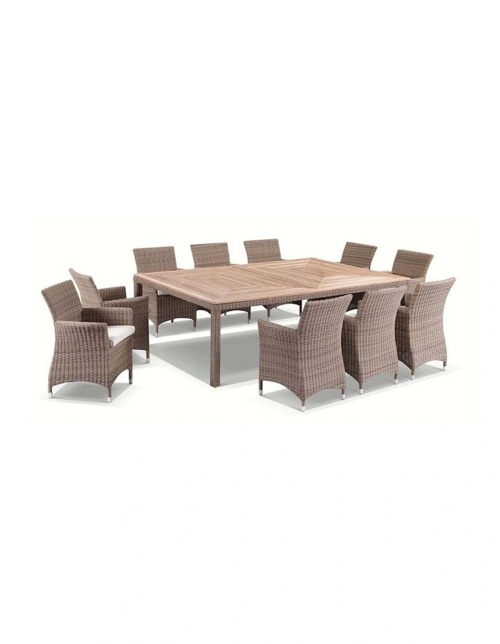 Sahara 10 Seat Outdoor Teak and Wicker Dining Setting Brushed Wheat & Cream Cushions image 1
