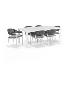 Alpine Outdoor Aluminium & Ceramic Table with 6 Finley Rope Stackable Chairs Frost White