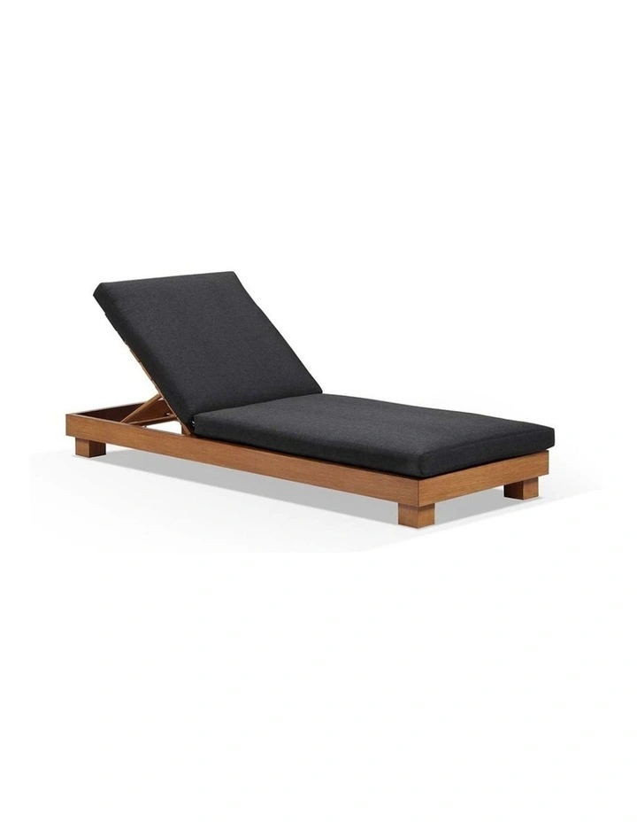 Santorini Aluminium Outdoor Sun Lounge Teak Look & Denim Grey Cushions image 1