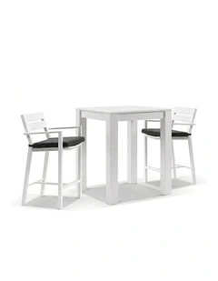 Santorini Outdoor Aluminium Square Bar Table White With 2 stools & Denim Grey Cushions