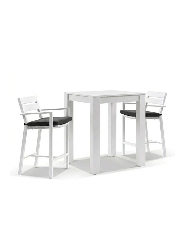 Santorini Outdoor Aluminium Square Bar Table White With 2 stools & Denim Grey Cushions image 1