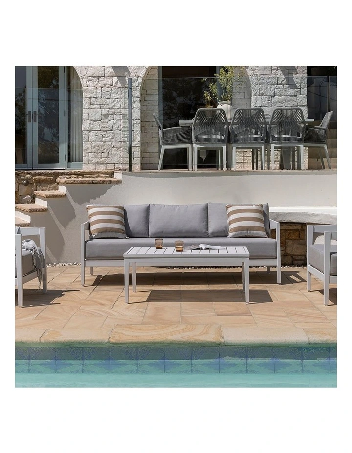 Bronte 3 Seater Outdoor Aluminium Lounge White & Textured Olefin Grey Cushions image 2