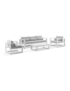 Santorini 3 1 1 Aluminium Lounge Setting White With Coffee Table & Olefin Light Grey Cushions