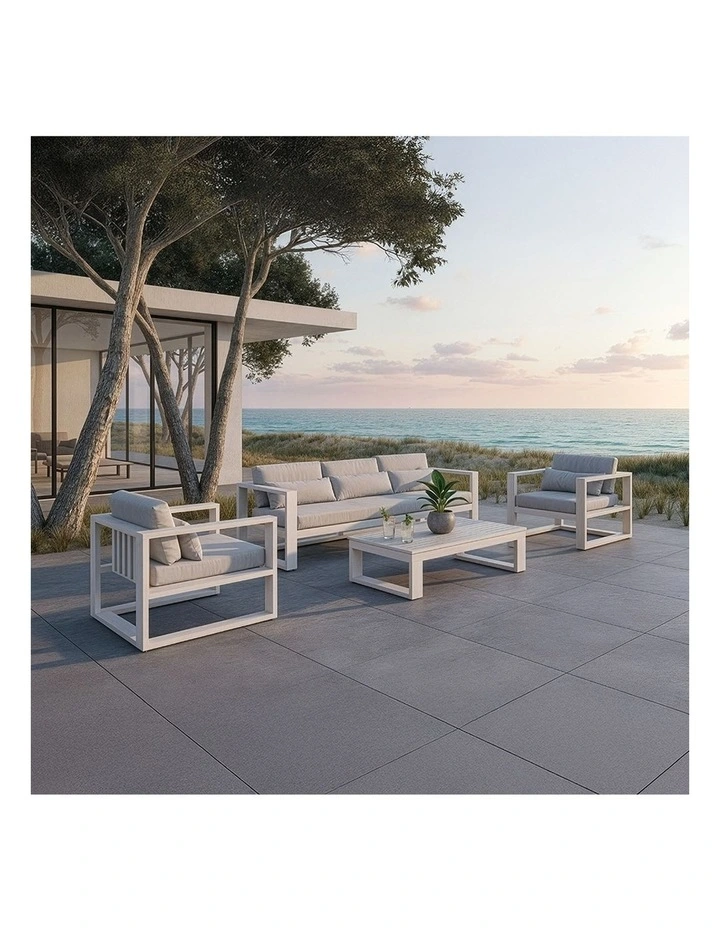 Santorini 3 1 1 Aluminium Lounge Setting White With Coffee Table & Olefin Light Grey Cushions image 4