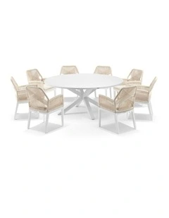 Houston Outdoor 1.8m Aluminium Dining Setting White With 8 Hugo Chairs & Cream Rope/Cream Cushions