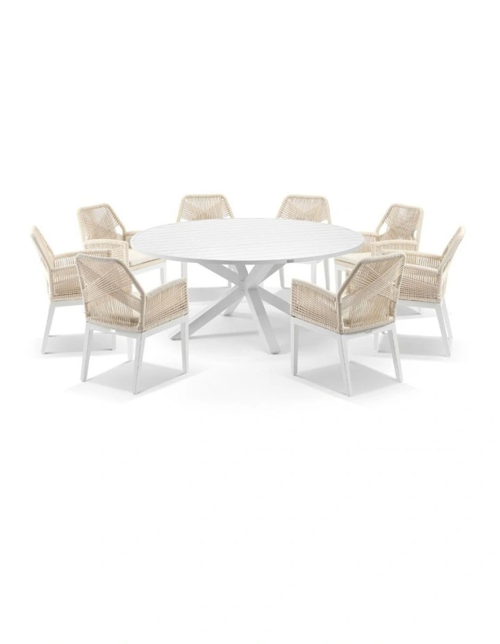 Houston Outdoor 1.8m Aluminium Dining Setting White With 8 Hugo Chairs & Cream Rope/Cream Cushions image 1