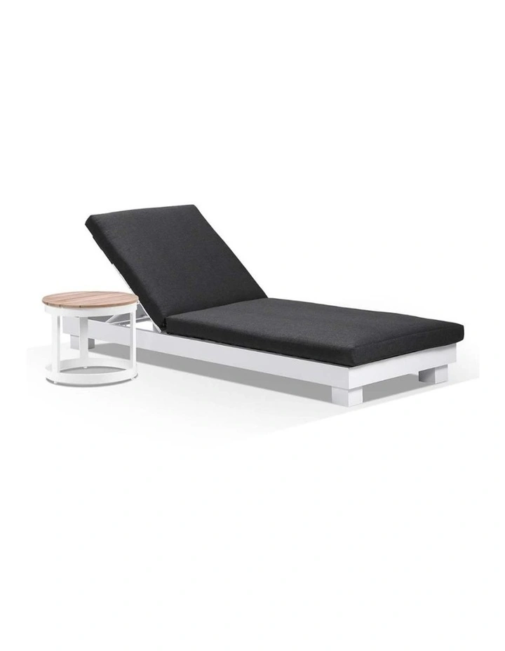 Santorini Aluminium Sun Lounge White With Round Side Table & Denim Grey Cushions image 1