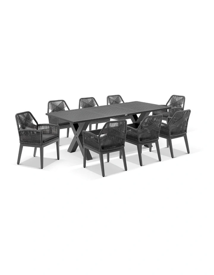 Tahitian 2.1m Aluminium Dining Table Charcoal With 8 Hugo Chairs & Carbon Grey/Denim Grey Cushions image 1