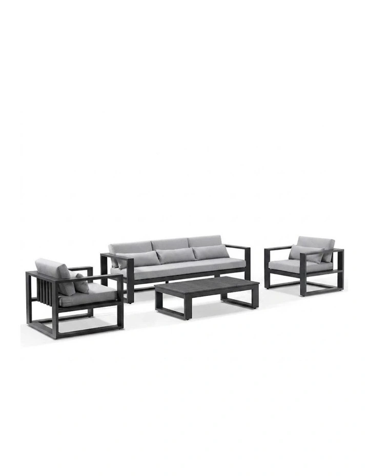 Santorini 3 1 1 Aluminium Lounge Setting Charcoal With Coffee Table & Olefin Light Grey Cushions image 1