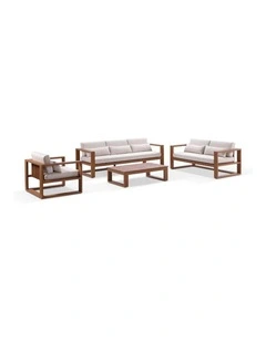 Santorini 3 2 1 Outdoor Lounge Setting Teak Look With Coffee Table & Cream Cushions