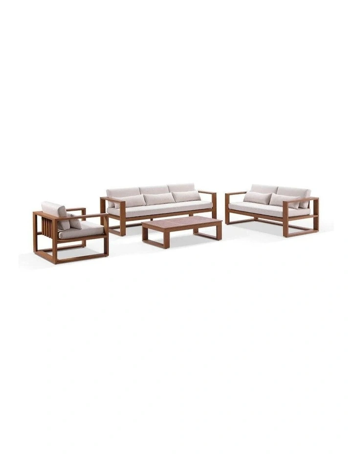 Santorini 3 2 1 Outdoor Lounge Setting Teak Look With Coffee Table & Cream Cushions image 1