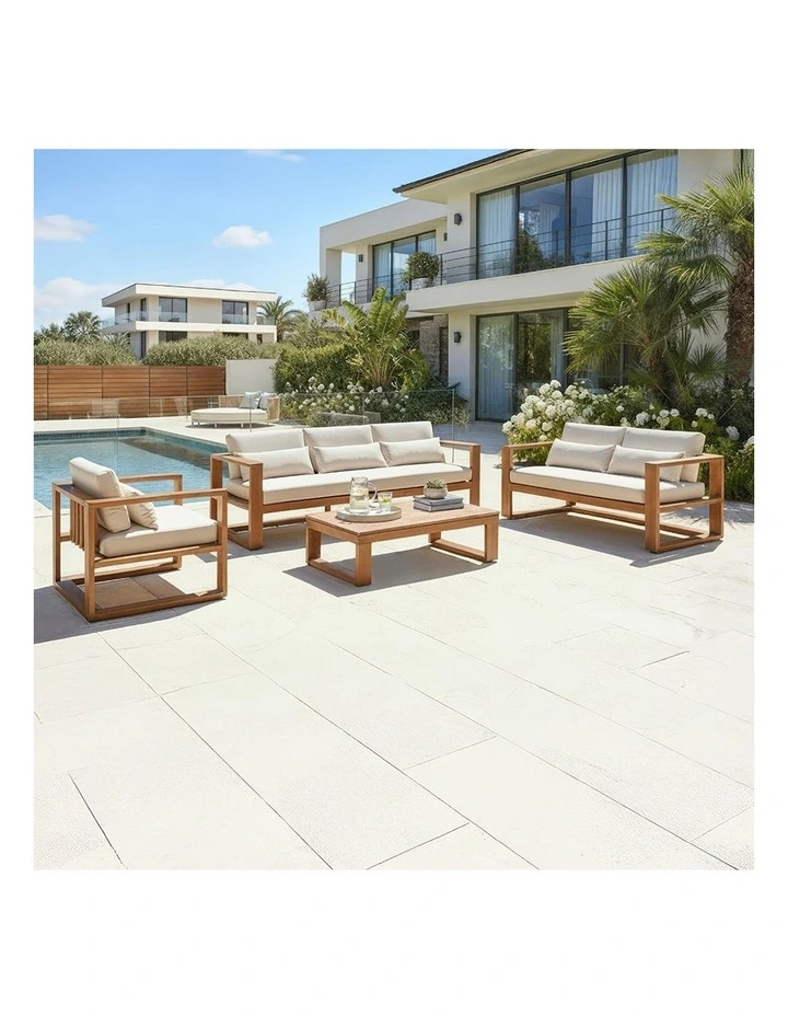 Santorini 3 2 1 Outdoor Lounge Setting Teak Look With Coffee Table & Cream Cushions image 3