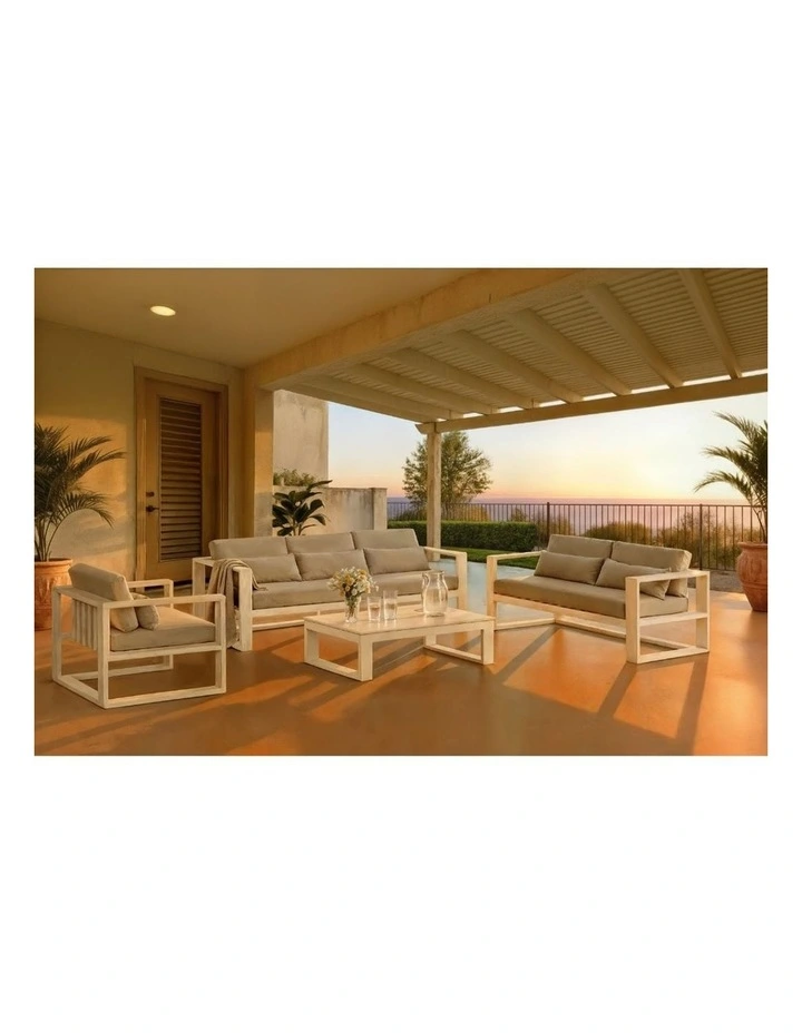 Santorini 3 2 1 Outdoor Lounge Setting Teak Look With Coffee Table & Cream Cushions image 4