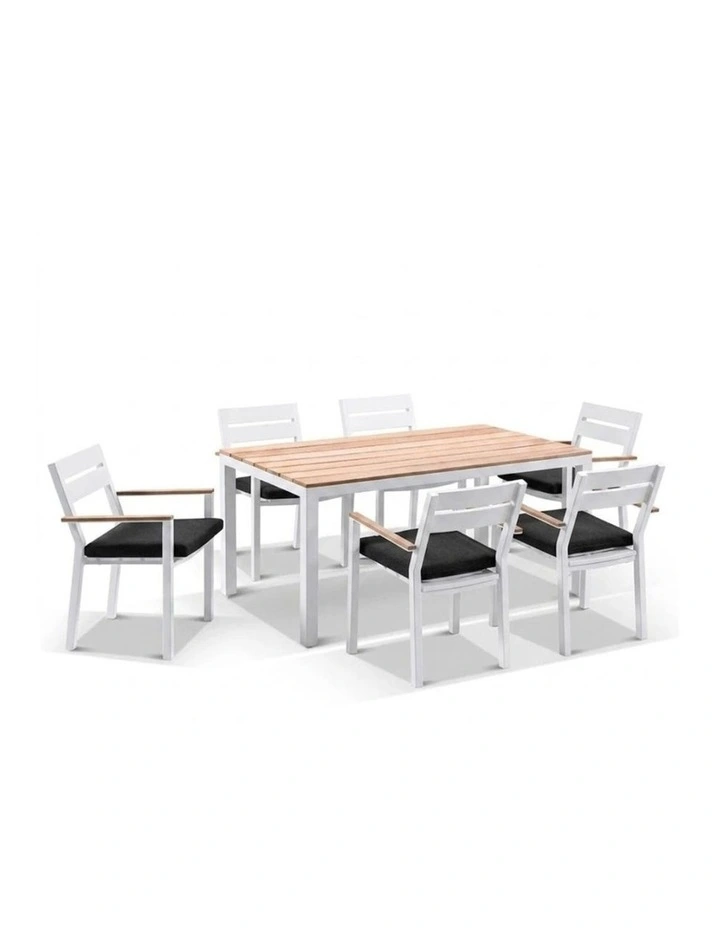 Tuscany 6 Seater Table White With Capri Chairs with Teak Arm Rests & Denim Grey Cushions image 1