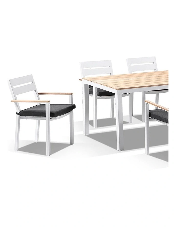 Tuscany 6 Seater Table White With Capri Chairs with Teak Arm Rests & Denim Grey Cushions image 2