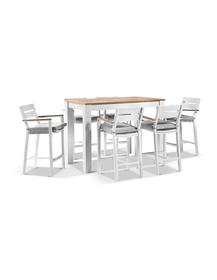 Balmoral 1.5m Aluminium Bar Table White With 6 Capri Stools & Textured Olefin Grey Cushions image 1