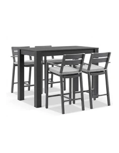 Santorini Outdoor Aluminium 1.5m Bar Table Charcoal With 4 stools & Light Grey Cushions