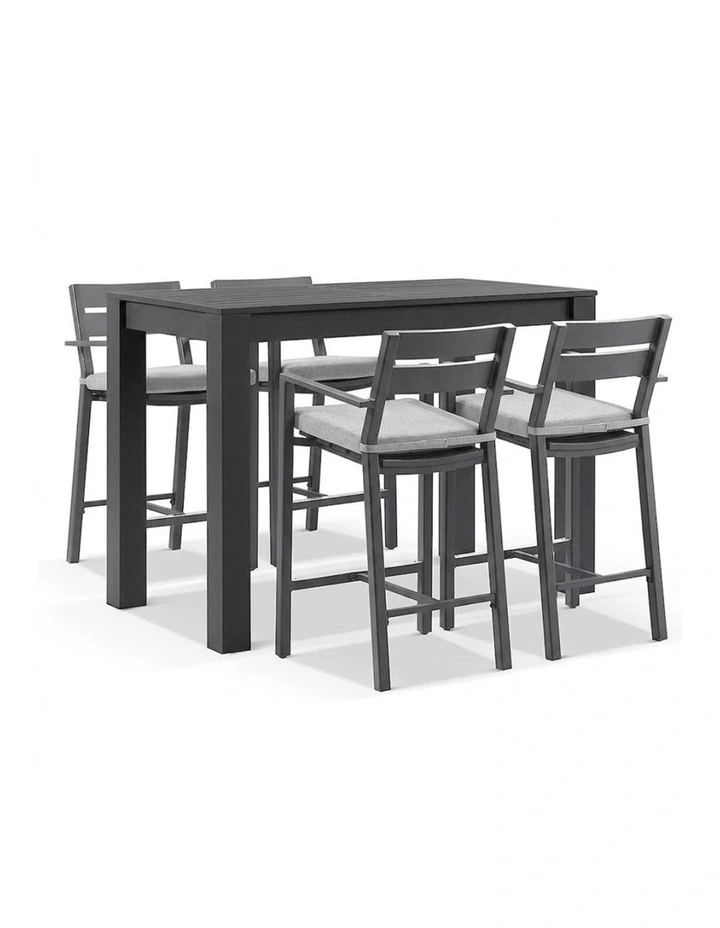 Santorini Outdoor Aluminium 1.5m Bar Table Charcoal With 4 stools & Light Grey Cushions image 1