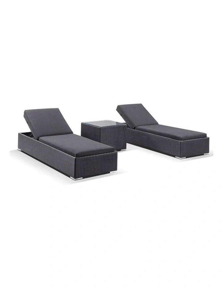 Breeze Outdoor Wicker Pool Sun Lounge Set Charcoal With Table & Denim Grey Cushions image 1
