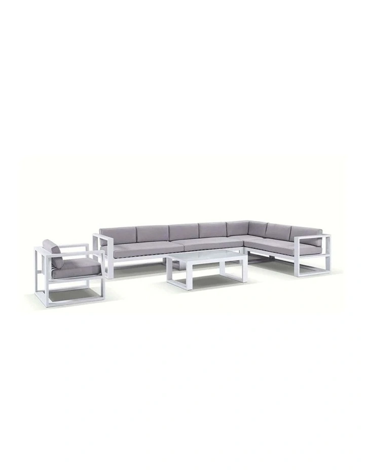 Santorini Package C Outdoor Aluminium Corner Lounge White & Textured Olefin Grey Cushions image 1