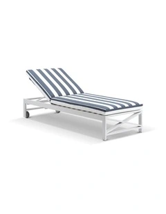 Kansas Outdoor Aluminium Sun Lounge on Wheels White & Navy Stripe Cushions