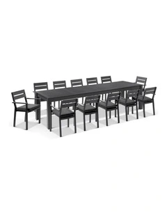 Santorini 12 Seater Outdoor Aluminium Dining Table and Chairs setting Charcoal & Denim Grey Cushions