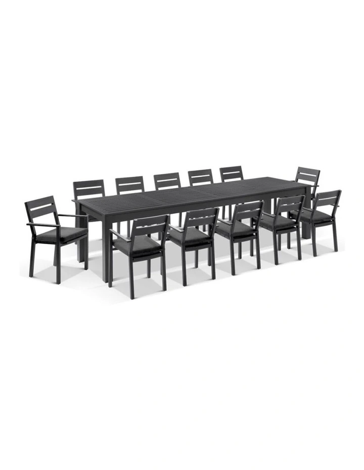Santorini 12 Seater Outdoor Aluminium Dining Table and Chairs setting Charcoal & Denim Grey Cushions image 1