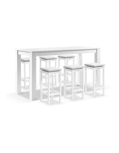 Santorini Outdoor 2m Bar Table White With 6 Avoca Stools & Textured Olefin Grey Cushions