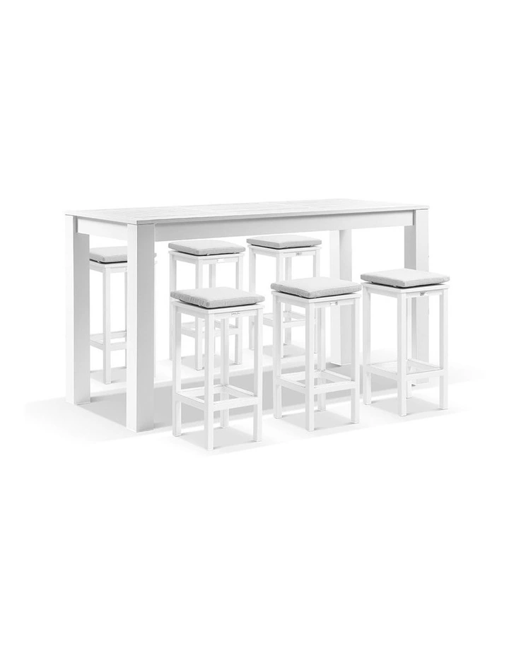 Santorini Outdoor 2m Bar Table White With 6 Avoca Stools & Textured Olefin Grey Cushions image 1
