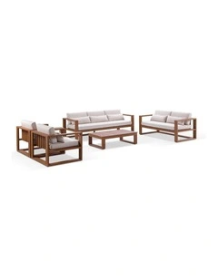 Santorini 3 2 1 1 Outdoor Aluminium Lounge Set Teak Look With Coffee Table & Cream Cushions