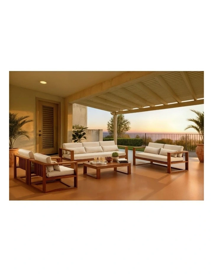 Santorini 3 2 1 1 Outdoor Aluminium Lounge Set Teak Look With Coffee Table & Cream Cushions image 2