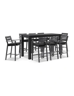 Santorini Outdoor Aluminium 2m Bar Table Charcoal With 8 Stools & Denim Grey Cushions