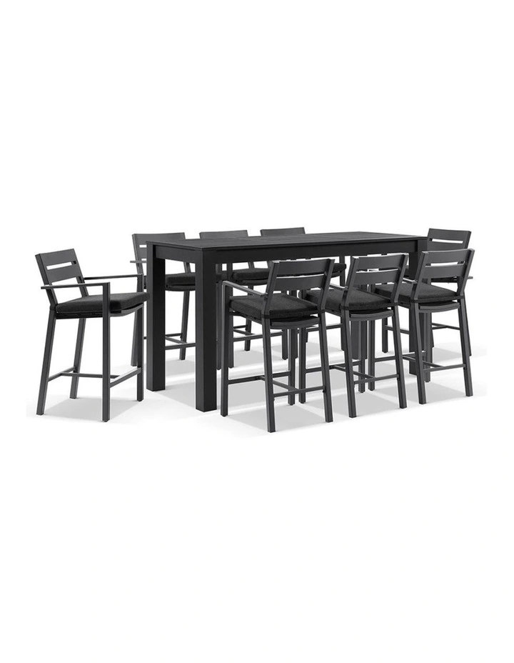 Santorini Outdoor Aluminium 2m Bar Table Charcoal With 8 Stools & Denim Grey Cushions image 1