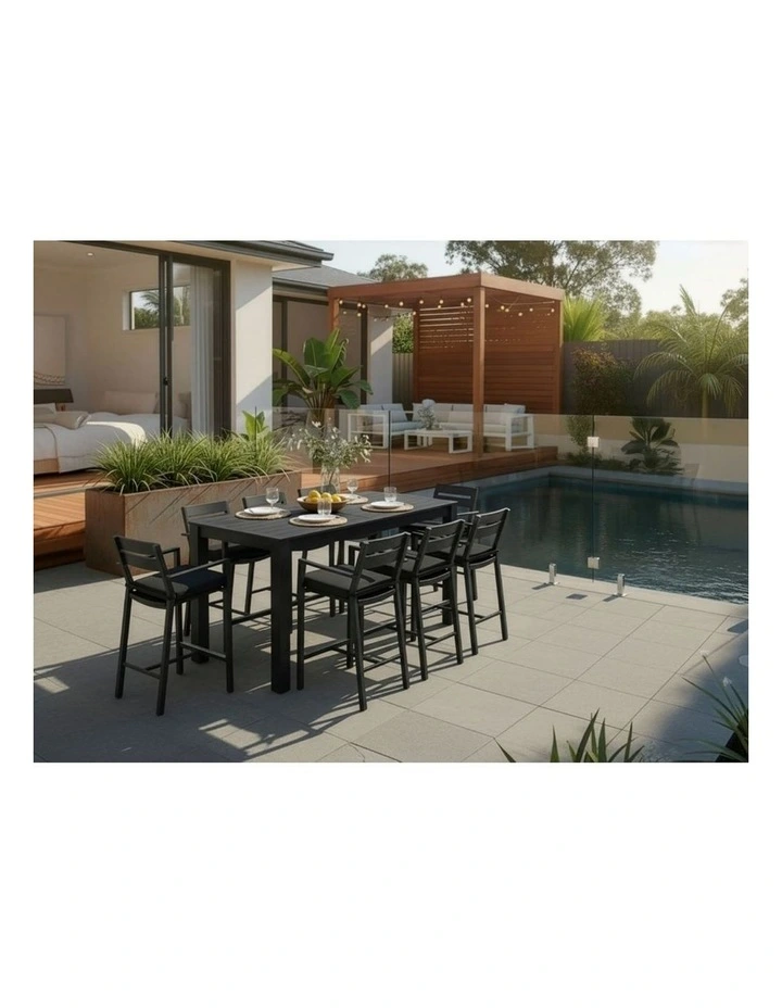 Santorini Outdoor Aluminium 2m Bar Table Charcoal With 8 Stools & Denim Grey Cushions image 5
