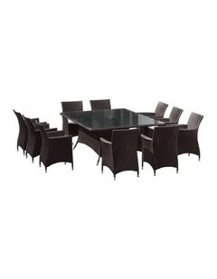 Sorrento 10 Seater Glass Top Outdoor Dining Set Charcoal With Wicker Chairs & Denim Grey Cushions