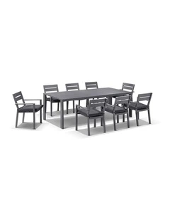 Capri 8 Seater Outdoor Aluminium Dining Setting Charcoal With Santorini Chairs & Denim Grey Cushions