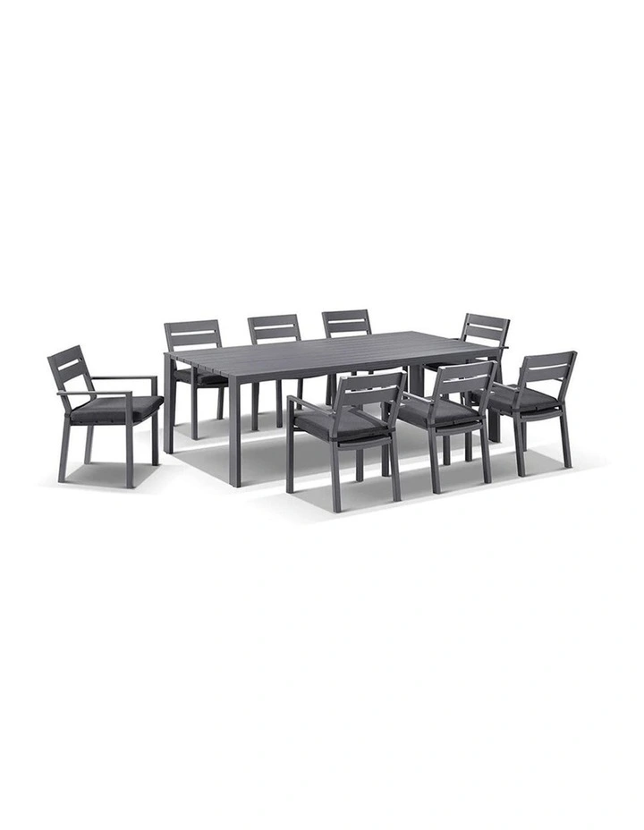 Capri 8 Seater Outdoor Aluminium Dining Setting Charcoal With Santorini Chairs & Denim Grey Cushions image 1