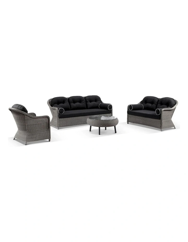 Plantation Outdoor Wicker 3 2 1 Seater Lounge Set Brushed Grey With Coffee Table & Denim Cushions image 1