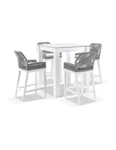 Hugo Ceramic Square Aluminium Bar Table White With 4 Rope Stools & Grey w/Textured Olefin Cushions