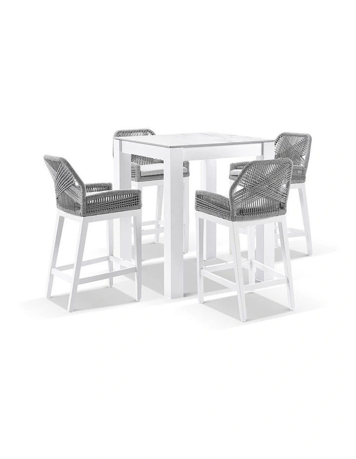 Hugo Ceramic Square Aluminium Bar Table White With 4 Rope Stools & Grey w/Textured Olefin Cushions image 1