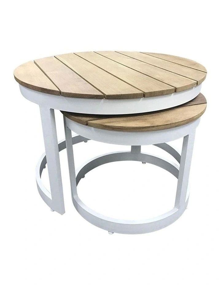 Balmoral Round Industrial Aluminium Teak Top Coffee Table Set White image 2
