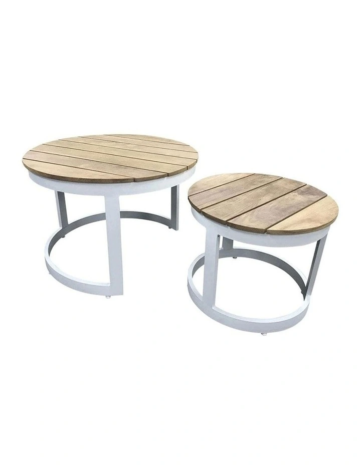 Balmoral Round Industrial Aluminium Teak Top Coffee Table Set White image 3
