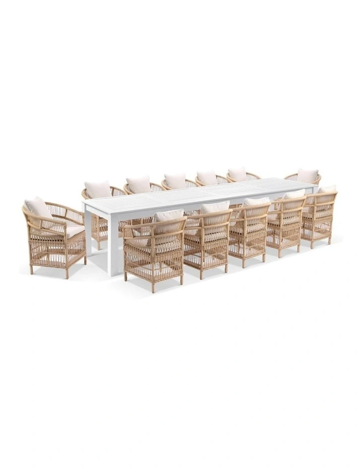 Santorini 3.55m Outdoor Aluminium Dining Table White With 12 Chairs & Wheat/Cream Cushions image 1