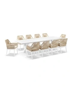 Tahitian 3m Aluminium Dining Table White With 10 Hugo Chairs & Cream Rope/Cream Cushions