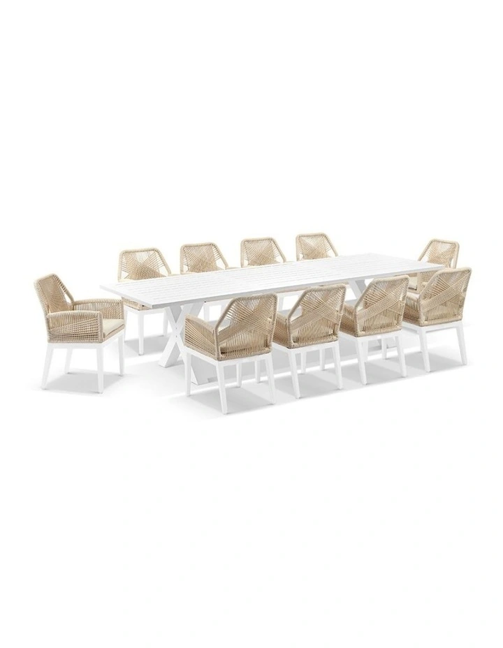Tahitian 3m Aluminium Dining Table White With 10 Hugo Chairs & Cream Rope/Cream Cushions image 1