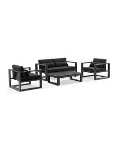 Santorini 2 1 1 Outdoor Aluminium Lounge Set Charcoal With Coffee Table & Denim Grey Cushions