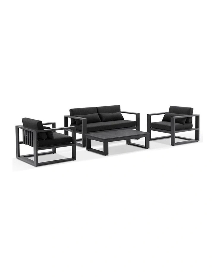 Santorini 2 1 1 Outdoor Aluminium Lounge Set Charcoal With Coffee Table & Denim Grey Cushions image 1